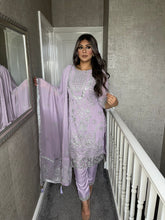 Load image into Gallery viewer, Lilac Shalwar Kameez fully stitched 3 piece suit with Chiffon Dupatta MOB-5228B
