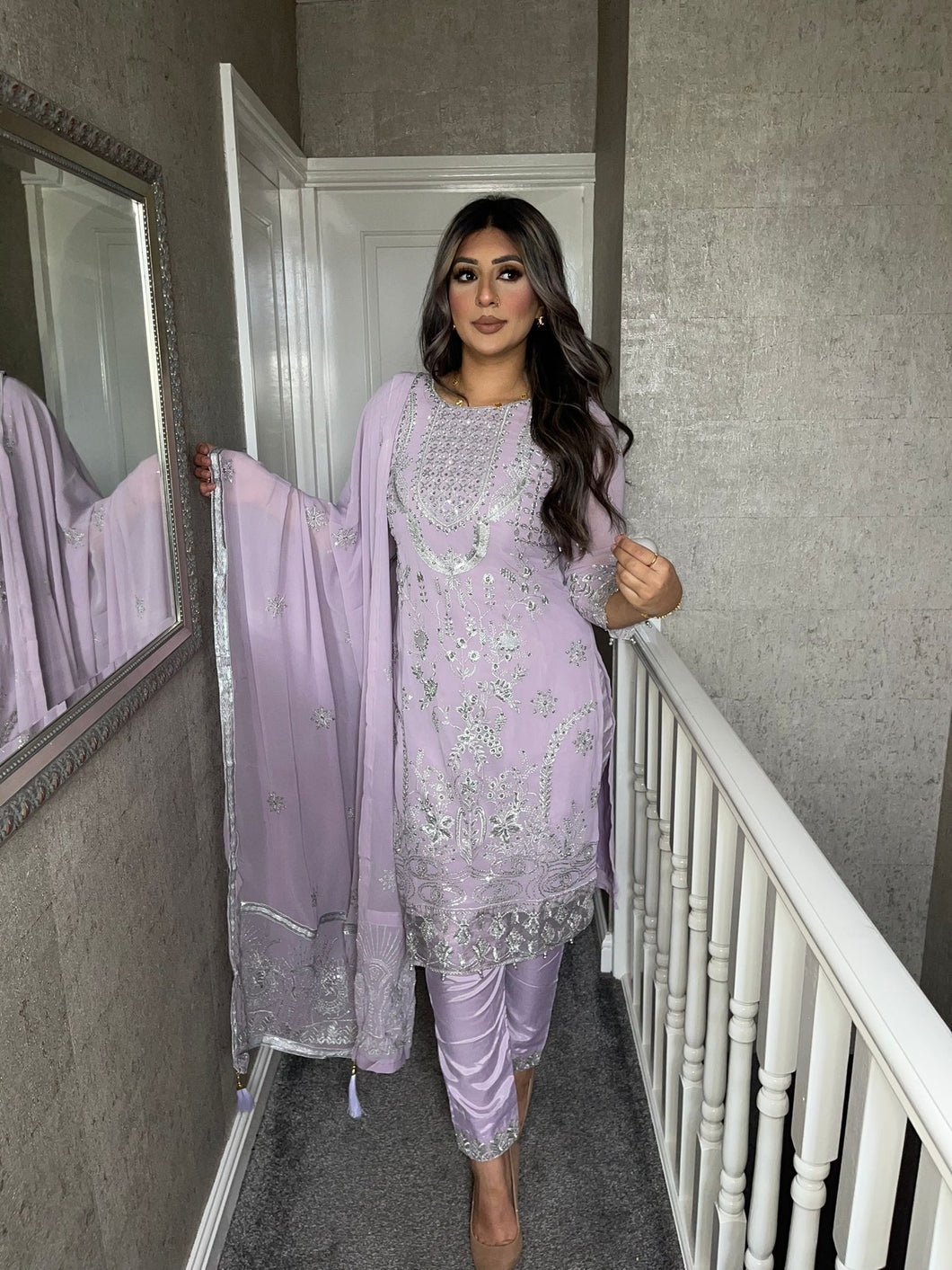 Lilac Shalwar Kameez fully stitched 3 piece suit with Chiffon Dupatta MOB-5228B