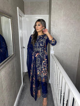 Load image into Gallery viewer, NAVY Embroidered Shalwar Kameez with Chiffon duppatta fully stitched 3 piece suit with Net Dupatta MOB-HT25
