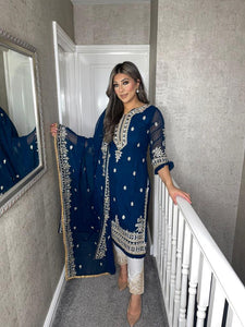 3PC Blue Embroidered Shalwar Kameez with White trouser and CHIFFON duppatta fully stitched 3 piece suit F-1574B