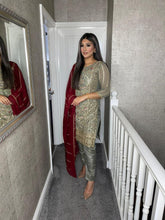 Load image into Gallery viewer, 3PC GREY Embroidered Shalwar Kameez with MAROON CHIFFON duppatta fully stitched 3 piece suit C-1216D
