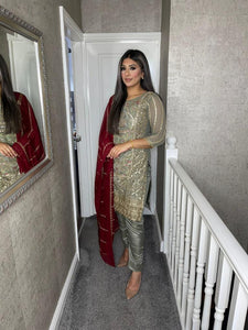 3PC GREY Embroidered Shalwar Kameez with MAROON CHIFFON duppatta fully stitched 3 piece suit C-1216D