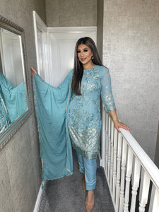 3PC Sea Blue Embroidered Shalwar Kameez with CHIFFON duppatta fully stitched 3 piece suit F-5245D