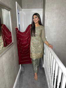 3PC GREY Embroidered Shalwar Kameez with MAROON CHIFFON duppatta fully stitched 3 piece suit C-1216D