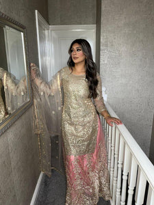 Grey Shalwar Kameez with pink lehenga and net dupatta fully stitched 3 piece suit F-39007