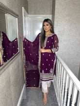 Load image into Gallery viewer, 3PC PLUM Embroidered Shalwar Kameez with White trouser and CHIFFON duppatta fully stitched 3 piece suit F-1574A
