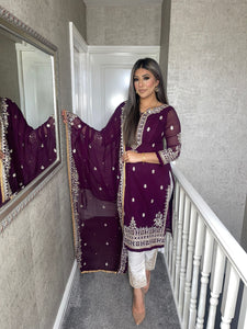 3PC PLUM Embroidered Shalwar Kameez with White trouser and CHIFFON duppatta fully stitched 3 piece suit F-1574A