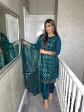 Load image into Gallery viewer, 3PC TEAL Embroidered Shalwar Kameez with Net duppatta fully stitched 3 piece suit F-1286A
