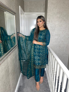 3PC TEAL Embroidered Shalwar Kameez with Net duppatta fully stitched 3 piece suit F-1286A