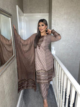 Load image into Gallery viewer, Brown Nude Embroidered Shalwar Kameez with Net duppatta fully stitched 3 piece suit with CHIFFON Dupatta MOB-5219C
