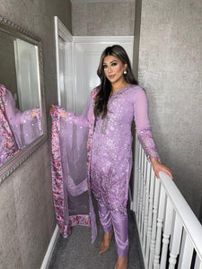 3PC LILAC Embroidered Shalwar Kameez with Net duppatta fully stitched 3 piece suit F-1526