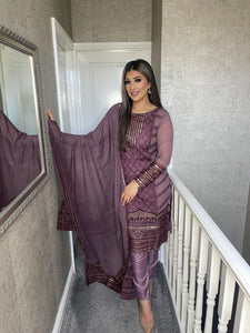 Dark Mauve Embroidered Shalwar Kameez with Chiffon duppatta fully stitched 3 piece suit MOB-5219A