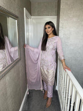 Load image into Gallery viewer, 3PC LIGHT LILAC Embroidered Shalwar Kameez with CHIFFON duppatta fully stitched 3 piece suit F-5245A
