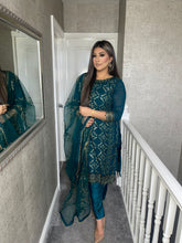 Load image into Gallery viewer, 3PC TEAL Embroidered Shalwar Kameez with Net duppatta fully stitched 3 piece suit F-1286A
