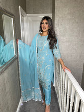 Load image into Gallery viewer, Blue Shalwar Kameez fully stitched 3 piece suit with Chiffon Dupatta MOB-5228A
