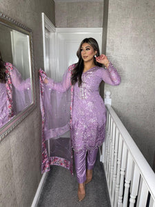 3PC LILAC Embroidered Shalwar Kameez with Net duppatta fully stitched 3 piece suit F-1526