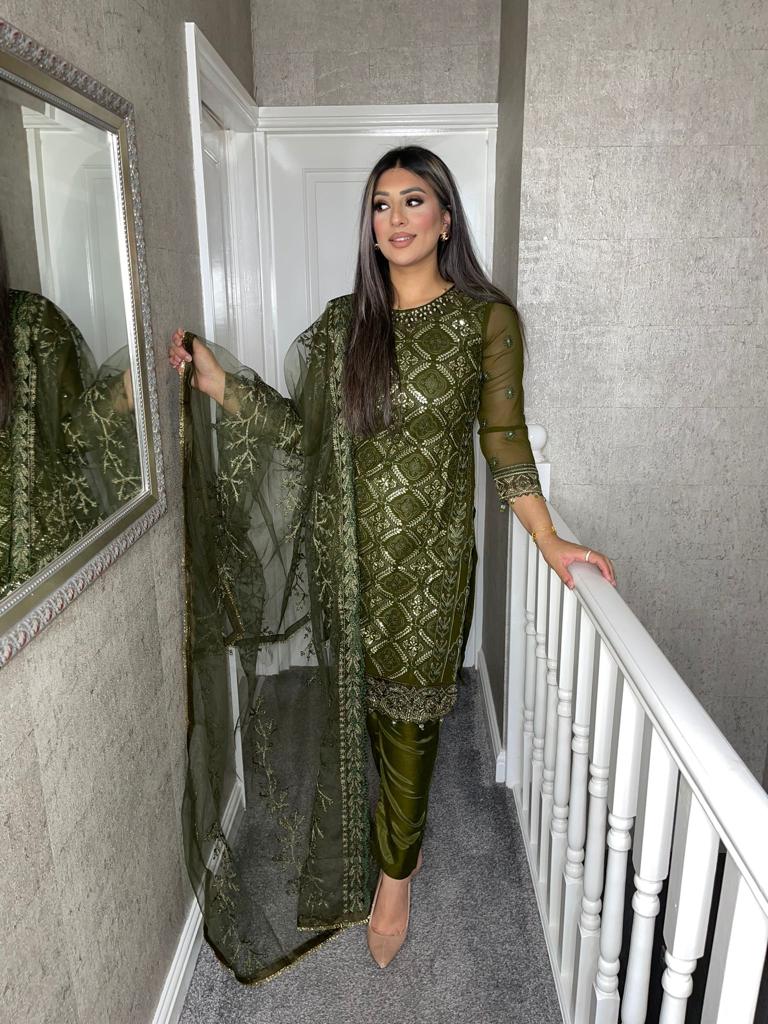 3PC OLIVE Embroidered Shalwar Kameez with Net duppatta fully stitched 3 piece suit F-1286D