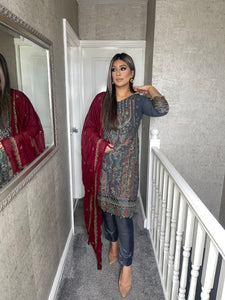 Dark Grey Embroidered Shalwar Kameez with MAROON Chiffon duppatta fully stitched 3 piece suit MOB-1287D