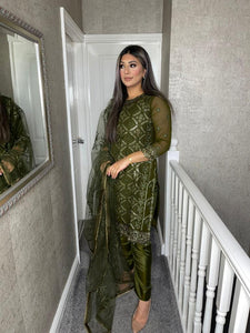 3PC OLIVE Embroidered Shalwar Kameez with Net duppatta fully stitched 3 piece suit F-1286D