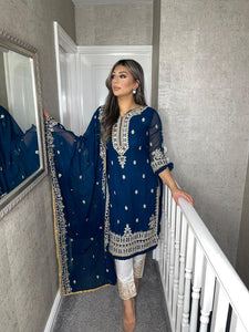 3PC Blue Embroidered Shalwar Kameez with White trouser and CHIFFON duppatta fully stitched 3 piece suit F-1574B