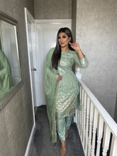 Load image into Gallery viewer, 3PC SAGE GREEN Embroidered Shalwar Kameez with CHIFFON duppatta fully stitched 3 piece suit F-5245D
