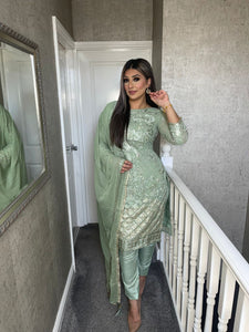 3PC SAGE GREEN Embroidered Shalwar Kameez with CHIFFON duppatta fully stitched 3 piece suit F-5245D