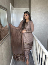 Load image into Gallery viewer, Brown Nude Embroidered Shalwar Kameez with Net duppatta fully stitched 3 piece suit with CHIFFON Dupatta MOB-5219C
