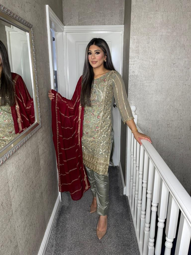 3PC GREY Embroidered Shalwar Kameez with MAROON CHIFFON duppatta fully stitched 3 piece suit C-1216D