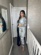 Load image into Gallery viewer, Grey Embroidered Shalwar Kameez with chiffon teal duppatta fully stitched 3 piece suit  MOB-5160B
