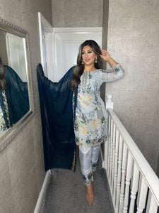 Grey Embroidered Shalwar Kameez with chiffon teal duppatta fully stitched 3 piece suit  MOB-5160B