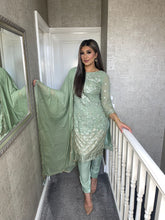 Load image into Gallery viewer, 3PC SAGE GREEN Embroidered Shalwar Kameez with CHIFFON duppatta fully stitched 3 piece suit F-5245D
