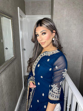 Load image into Gallery viewer, 3PC Blue Embroidered Shalwar Kameez with White trouser and CHIFFON duppatta fully stitched 3 piece suit F-1574B
