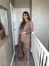 Load image into Gallery viewer, Brown Nude Embroidered Shalwar Kameez with Net duppatta fully stitched 3 piece suit with CHIFFON Dupatta MOB-5219C
