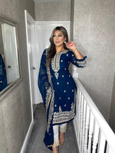 Load image into Gallery viewer, 3PC Blue Embroidered Shalwar Kameez with White trouser and CHIFFON duppatta fully stitched 3 piece suit F-1574B
