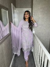 Load image into Gallery viewer, Lilac Shalwar Kameez fully stitched 3 piece suit with Chiffon Dupatta MOB-5228B
