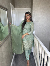 Load image into Gallery viewer, 3PC SAGE GREEN Embroidered Shalwar Kameez with CHIFFON duppatta fully stitched 3 piece suit F-5245D
