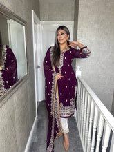 Load image into Gallery viewer, 3PC PLUM Embroidered Shalwar Kameez with White trouser and CHIFFON duppatta fully stitched 3 piece suit F-1574A
