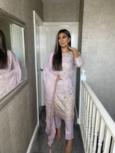 Load image into Gallery viewer, 3PC LIGHT LILAC Embroidered Shalwar Kameez with CHIFFON duppatta fully stitched 3 piece suit F-5245A
