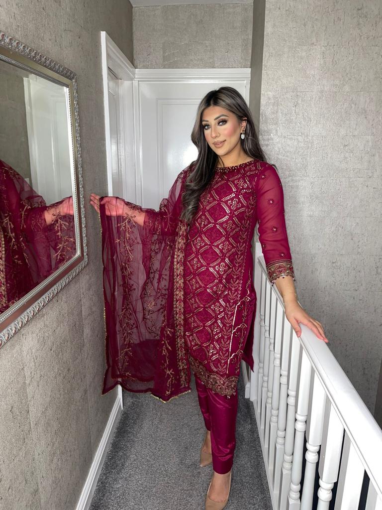 3PC Burgundy Embroidered Shalwar Kameez with Net duppatta fully stitched 3 piece suit F-1286C