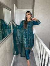 Load image into Gallery viewer, 3PC TEAL Embroidered Shalwar Kameez with Net duppatta fully stitched 3 piece suit F-1286A
