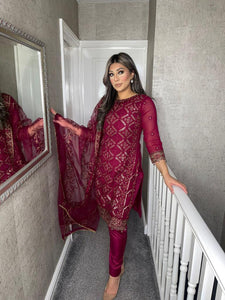 3PC Burgundy Embroidered Shalwar Kameez with Net duppatta fully stitched 3 piece suit F-1286C