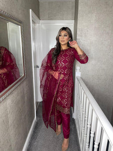 3PC Burgundy Embroidered Shalwar Kameez with Net duppatta fully stitched 3 piece suit F-1286C