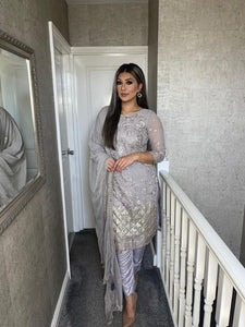 3PC GREY Embroidered Shalwar Kameez with CHIFFON duppatta fully stitched 3 piece suit F-5245C