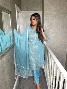 Blue Shalwar Kameez fully stitched 3 piece suit with Chiffon Dupatta MOB-5228A