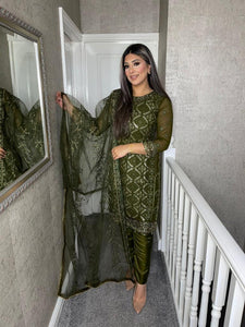 3PC OLIVE Embroidered Shalwar Kameez with Net duppatta fully stitched 3 piece suit F-1286D