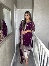 Load image into Gallery viewer, 3PC PLUM Embroidered Shalwar Kameez with White trouser and CHIFFON duppatta fully stitched 3 piece suit F-1574A
