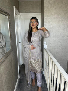 3PC GREY Embroidered Shalwar Kameez with CHIFFON duppatta fully stitched 3 piece suit F-5245C