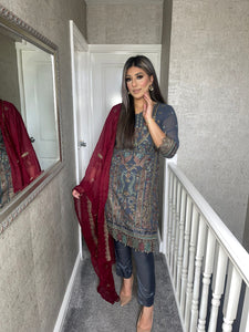 Dark Grey Embroidered Shalwar Kameez with MAROON Chiffon duppatta fully stitched 3 piece suit MOB-1287D