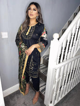 Load image into Gallery viewer, Black lawn Shalwar Kameez with chiffon  dupatta 3piece ready to wear suit
