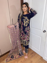 Load image into Gallery viewer, Navy Shalwar Kameez fully stitched 3 piece suit with Purple Chiffon Dupatta
